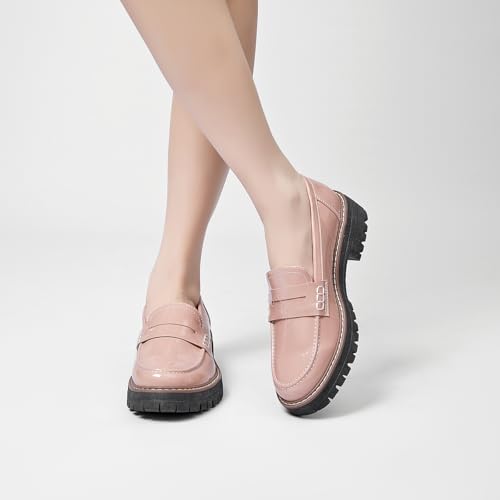 Image of Womens Loafers Comfortable Platform Penny Loafer Chunky Heel Business Casual Dress Shoes Fashion Patent Leather Women's Loafers & Slip-ons