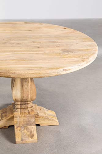 Image of 4-Seater Round Dining Table - Solid Mango Wood - Rustic Natural Finish - Pedestal Base - Farmhouse Kitchen Furniture- Table Only