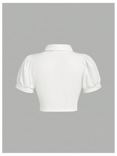 Verdusa Girl's Y2k Cinched Crop Blouse Tie Front Puff Sleeve Ruffle Button Down Collar Shirts White 11 Years
