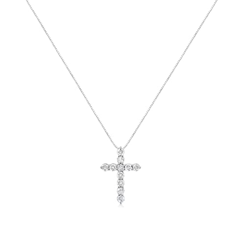 .925 Sterling Silver 1.0 Cttw Prong Set Round-Cut Diamond Cross 18" Pendant Necklace (I-J Color, I2-I3 Clarity) #TOP1