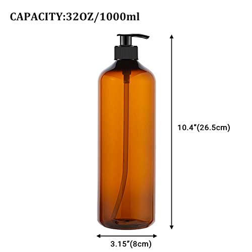 YBCPACK 2 Pack 1000ml Plastic Soap Dispenser Bottle with Pump, Refillable Amber Shampoo Dispenser bottle with Pump, 32oz Empty Pump Bottles for Shower gel, Body Wash, Shampoo, Massage Lotion