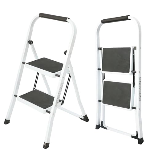 UZIRO Escalera Plegable 2 Peldaños -Estructura de Acero y Peldaño Antideslizante - Asa Superior de Goma - Escaleras Plegables Domésticas - Step Ladder para Hogar (Blanco, 2 Pedaños)