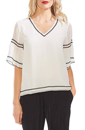 Vince Camuto Bell Sleeve Embroidered Chiffon V-Neck Blouse Pearl Ivory XS