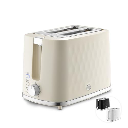Swan Hexton Variable Width 2 Slice Toaster 7 Browning Levels Cancel/Reheat/Defrost Removable Crumb Tray Cord Storage 900W Cream with Chrome Accents ST19037CRM