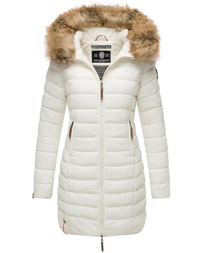 MARIKOO Damen Wintermantel warmer Steppmantel lang mit Kapuze und abnehmbarem Kunstfell-Kragen Rose Off White Gr. M MARIKOO Damen Wintermantel warmer Steppmantel lang mit Kapuze und abnehmbarem Kunstfell-Kragen Rose Off White Gr. M