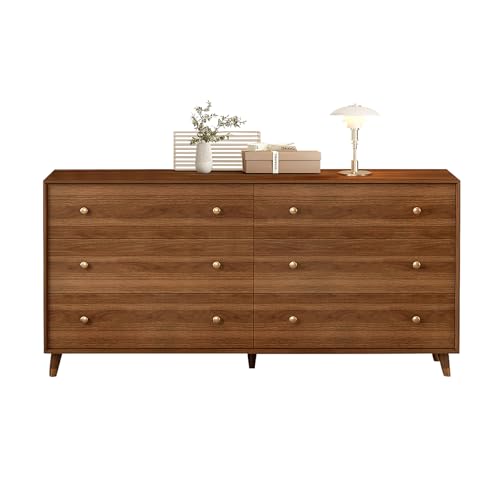 Image of Messenya 6 Drawer Dresser for Bedroom, 55 Inch Walnut Dresser for Closet, Mid Century Wood Chest of Drawers with Natural Texture & Pre-Embedded Slots for TV Stand, Living Room, Hallway, Office