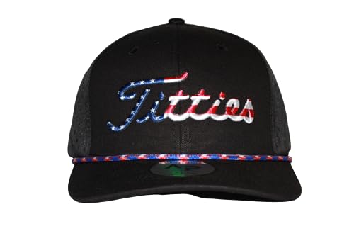 Image of USA Titties Black with Black Laser Mesh Red, White, and Blue Rope Golf Hat Men Women Funny Baseball Cap Trucker Hat