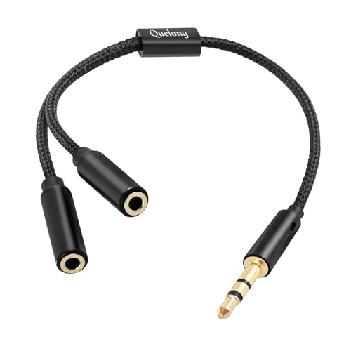 Quelong Headphone Splitter, Dual Headphone Nylon Braided Extension Cable, Hi-Fi Audios Stereo Y Splitter 3.5mm 2 Female 1 Male, Suitable for Phones, PS4, Amplifiers, Smartphones Tablets and More.
