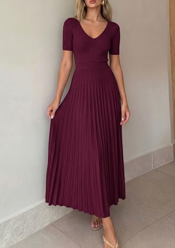 PRETTYGARDEN Women's 2026 Spring Midi Sweater Dresses Elegant Pleated Ribbed Knit Short Sleeve V Neck A Line Summer Outfits (Burgundy,Small) - image 3