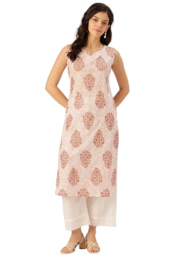 Image of feranoid Women's Pure Cotton Floral Print Straight Kurti | Elegant Curved V-Neck | Sleeveless Calf-Length Ethnic Wear | Comfortable Regular Fit | Sizes XS-XXL