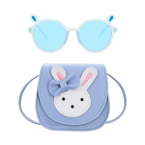 KRYMSON 1 bolso de conejo para niños, 1 unidad con gafas de sol para niños, bolso bandolera para niños, bolso de hombro con forma de animal, regalo para niñas de 2 a 10 años (azul), azul