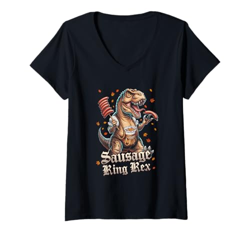 Femme Bague à saucisse Rex Oktoberfest Dinosaure T-Rex Bratwurst T-Shirt avec Col en V