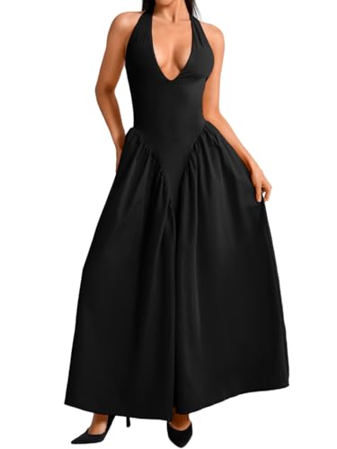 Deep V Neck Dress, Halter Maxi Dresses, Vacation Date Night, Sexy for Women Corset Flowy Wedding Guest Drop Waist