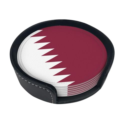Dessous de verre ronds en cuir avec imprimé drapeau du Qatar, délicats et doux, légers et portables, adaptés pour la cuisine, le café et le restaurant