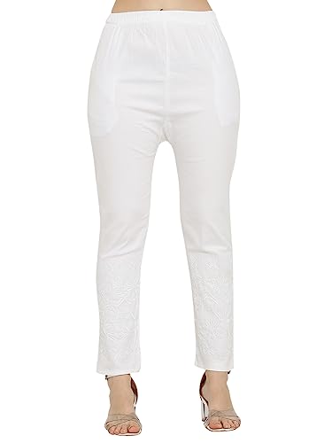Image of FAWOMENT Women's White Chikankari Lycra Cigarette Straight Stretchable Lucknowi Pant Free Size