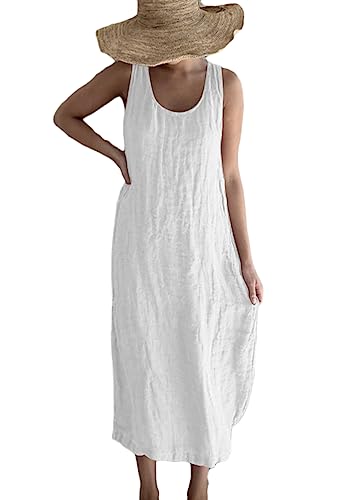 ORANDESIGNE Leinenkleid Damen Ärmellos Rundhals Baumwoll Leinen Sommerkleid Tankkleid Strandkleid Midikleid Boho A-Linie Kleider Uni Locker Langes...