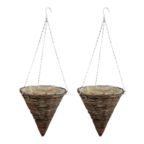 ADEPTNA Set of 2 Cone Garden Hanging Baskets 12 Inches - Natural Basket Hanging Plants Wall Flower Planter Pot with Detachable Hanging Chain for Home Garden Decoration (RATTAN BASKETS)