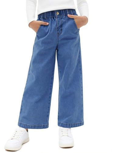 Haloumoning Girls Wide Leg Jeans Kids Elastic Waist Casual Demin Pants with Pockets 5-14 Years