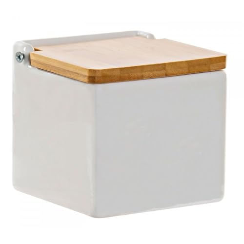 Salero para Cocina Bambú Con Tapadera/Salero Para Sal Cuadrado con Tapadera de Bambú/Cuenco para La Sal y Sal Gorda/Tarro Para La Sal Hecho de Cerámica (11cm x 11cm x 11cm 500ML)