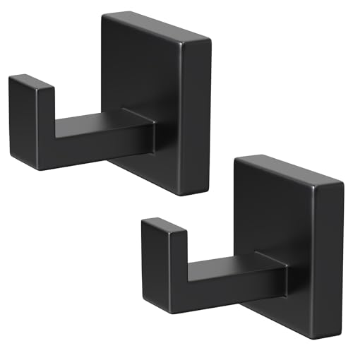 PMMASTO Towel Hooks, Bathroom Wall Mount Towel Holder, Coat Hook Robe Hook Stainless Steel Heavy Duty Door Hanger,Black Wall Hooks for Kitchen, Bedroom,Hotel,Pool (2PC, Black)