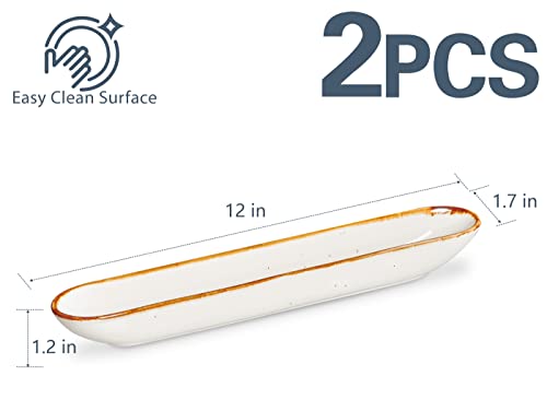 ONEMORE Olive Tray 12 inch Charcuterie Party Buffets - Ceramic Plate Canoe Serving Tray for Appetizers, Snacks, Cheeses - Set of 2, Creamy White - Image 3