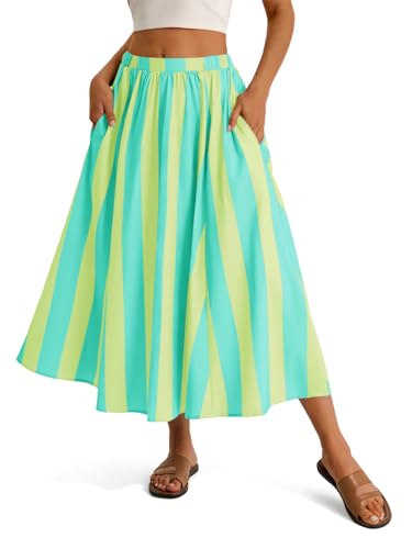 Image of Cicy Bell Womens Summer Striped Maxi Skirts A-Line Beach Vacation Outfits | Elastic Waist, Side Pockets, Flowy, Midi Length, Color Contrast, Trendy Casual