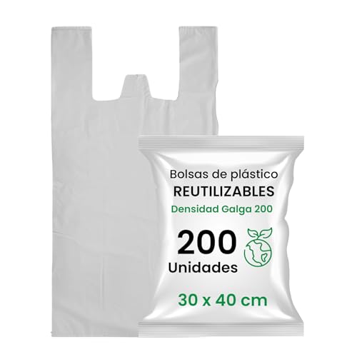 Bolsas de Plástico 30x40 cm (200 Uds) Galga 200 – Resistentes con Asas Tipo Camiseta | Pack Económico para Supermercado, Tienda o Hogar – Sanjoma Solutions