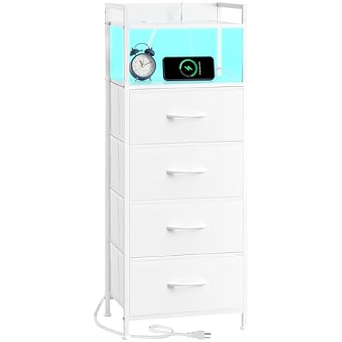 Somdot White Nightstand with Charging Station and LED Light for Bedroom, Tall 4 Drawers Dresser with Fabric Bins for Bedside Kids Dorm Room Closet Laundry Entryway, White Leather Cover