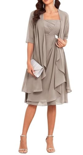 Robe de mère de la mariée avec veste, 2 pièces, manches mi-longues, longueur genoux, chiffon, robe du marié, taupe, 42