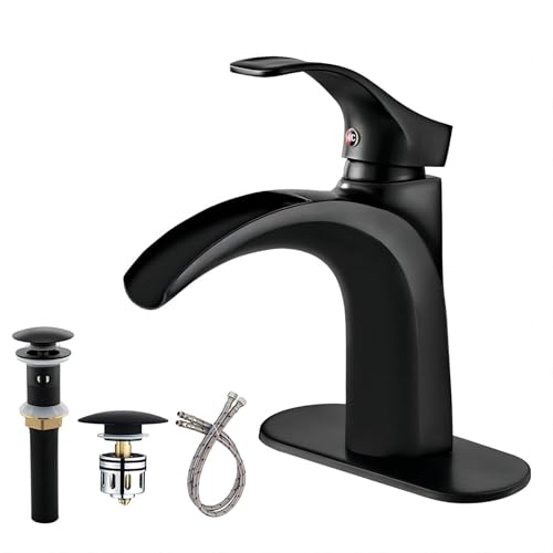 Yodel - Grifo de lavabo de baño negro mate con boquilla de cascada para instalaciones de 1 agujero y 3 agujeros con tapón de drenaje desplegable con desbordamiento