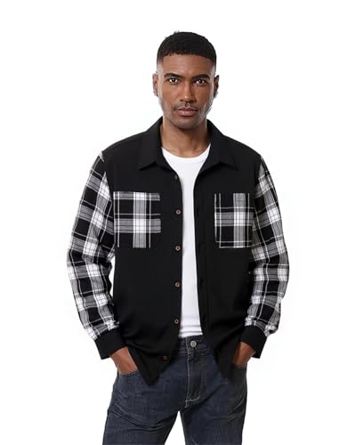 SwissWell Flanellhemd Herren Langarm Holzfällerhemd Button Down Karo-Muster mit Brusttasche Casual Freizeithemd für Männer Schwarz XL