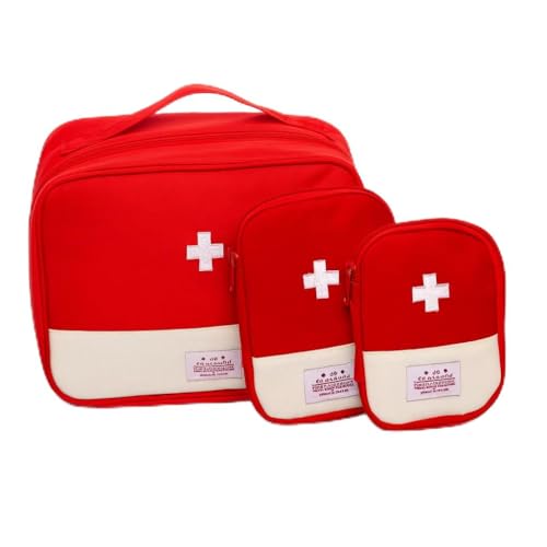 Kit 3 Necessaires Primeiros Socorros e Porta Medicamentos Vermelho em Nylon Resistente – Organização Completa para Viagens, Casa e Emergências