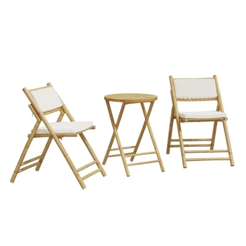 Sophrelle Ensemble de Bistro Pliante 3 pcs et Coussins Blanc crème Bambou,Salons de Jardin,16.3kg-365872