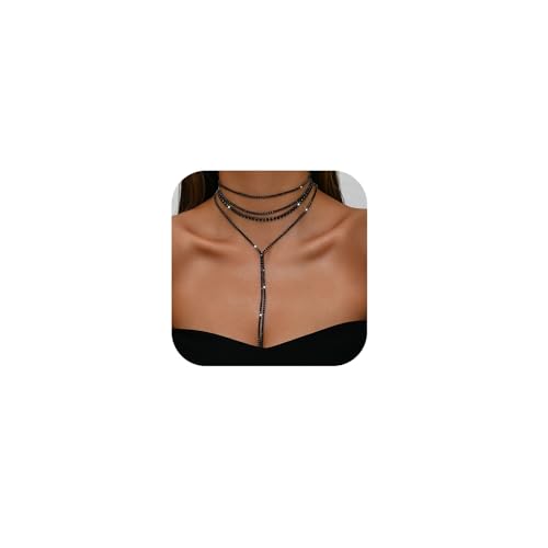 Boho Layered Necklaces for Women Fashion Y Long Neckalce Statement Long Sweater Chain Necklace Black Gold Silver Shiny Rhinestones Choker Necklace Wedding Bridal Jewerly