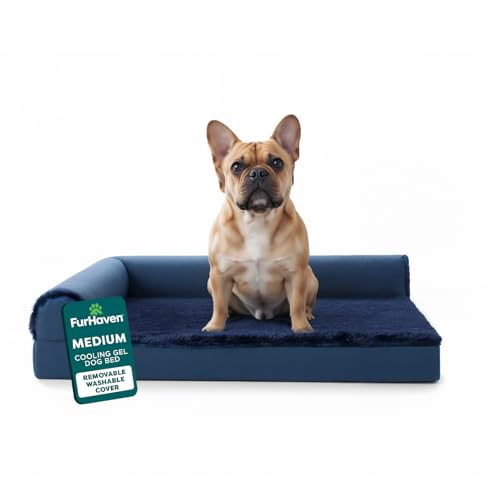 Image of FurHaven Cooling Gel Dog Bed for Medium Dogs, L-Shaped Chaise with Cool Gel-Top Foam with a Solid Orthopedic Foam Base for Joint Support, Washable Cover, Medium, Plush & Velvet, Deep Sapphire