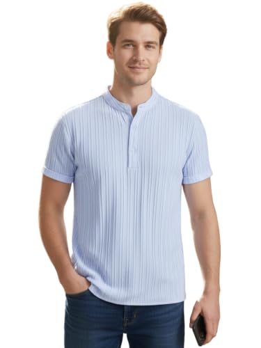 Image of Leriya Fashion Premium Cotton Shirt for Man | Mandarin Collar Short Sleeve Button Closure Tshirt | Casual T-Shirt Textured Knit for Office, College, Travel Outfit | Men Regular Fit Shirts