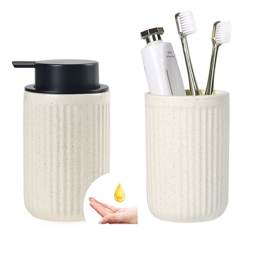 BosilunLife Dish Hand Soap Dispenser Set Toothbrush Holder Liquid Pump Soap Dispenser for Bathroom Decro 12oz Ceramic Tooth Brush Holders Tumbler Cups