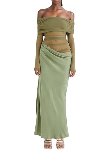 Image of Kwunbwa Women's Sexy Off The Shoulder Mesh Maxi Dress Long Sleeve See Through Ruched Party Club Bodycon Long Dresses Green