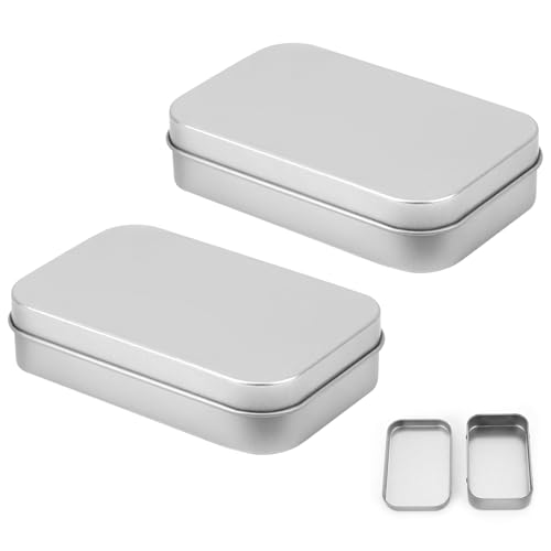 Latas de Metal Vacías Rectangulares con Tapa - Cajas de Almacenamiento Pequeñas para Cosméticos, Té, Joyas o Manualidades - Mini Contenedores Portátiles (9,4x6x2 cm) - Pack de 2, Color Plateado