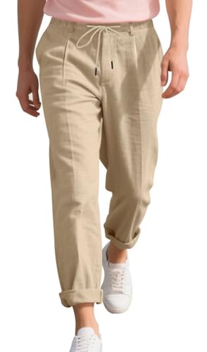 Mens Casual Elastic Waist Pants Drawstring Summer Beach Pant Lightweight Linen Trouser HXH09