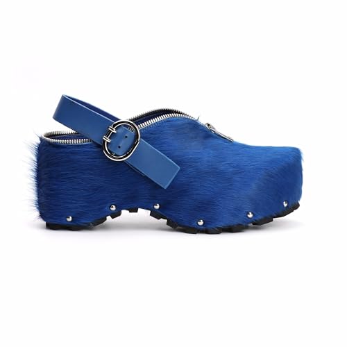 Image of XOBZJH Women's Natural Cow Print Fur Platform Clogs with Decorative Zipper & Adjustable Buckle Strap - Western Slip-On Punk Rivet Mules with Arch Support, Chunky Retro Rustic Style
