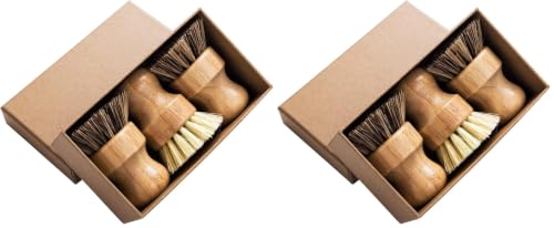 Image of Palm Pot Brush- Bamboo Round 6 Packs Mini Dish Brush Natural Scrub Brush Durable Scrubber Cleaning Kit with Union Fiber and Tampico Fiber for Cleaning Pots, Pans and Vegetables