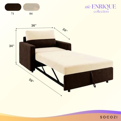 Image of SOCOZI Enrique 1 Seater Sofa Cum Bed | Soft Velvet Suede Fabric | Modern Convertible Design | Plush Comfort Seating for Living Room (Dark Brown-Cream)