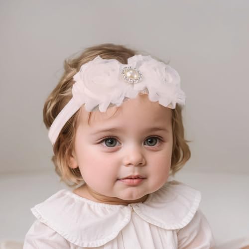 2 pcs Baby Girls Flower Headbands Set Floral Chiffon Bow Hairbands with Crystal Elastic Pearl Hair Accessoties for Newborn Infant Toddler (White 1, Standard Small)3