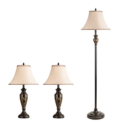 Lamp Set of 3, Shine Decor 2 Table Lamps 1 Floor Lamp Sets for Living Room Bedroom, Bronze Finish with Fabric Bell Lamp Shade Resin Marble DΓΒ©cor, ETL-Listed Vintage 3-Piece Lamps Pack for Decoration Lamp Set of 3, Shine Decor 2 Table Lamps 1 Floor Lamp Sets for Living Room Bedroom, Bronze Finish with Fabric Bell Lamp Shade Resin Marble DΓΒ©cor, ETL-Listed Vintage 3-Piece Lamps Pack for Decoration