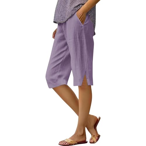 Pedal Pushers for Women Lightweight Linen Capri Pants Casual Elastic Waist Bermuda Shorts Summer Beach Pant,Skimmer Pants for Women,Pantalones para Playa Mujer Purple