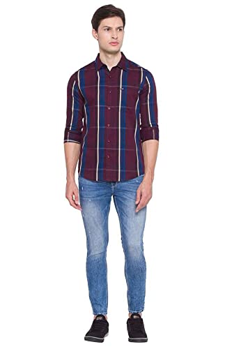 Image of Spykar Mens Cotton Wine Red Checked Shirts