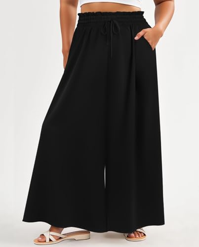 Lastshe Women's Plus Size Pants Wide Leg High Waist Flowy Casual Palazzo 2025 Summer Lounge Boho Beach Trousers Pockets3