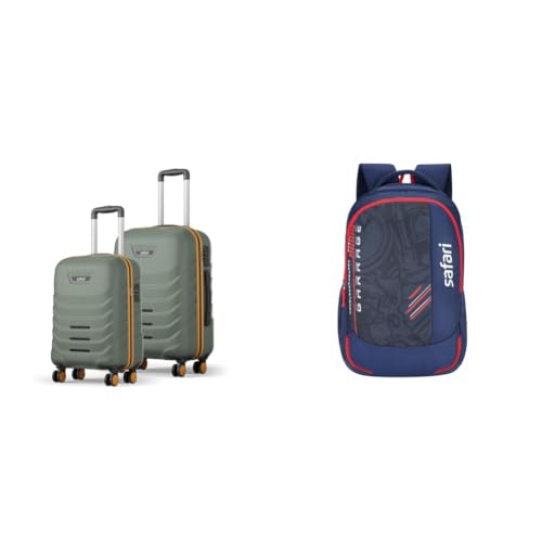 Image of Safari Cabin Crescent 8 Wheels Set of 2, & Check-in Trolley Bags Hard Case Polycarbonate 360 + Torque 37L Casual Printed Backpack, 3 compartments, Bottle Holder, Front Pocket, School Bag for