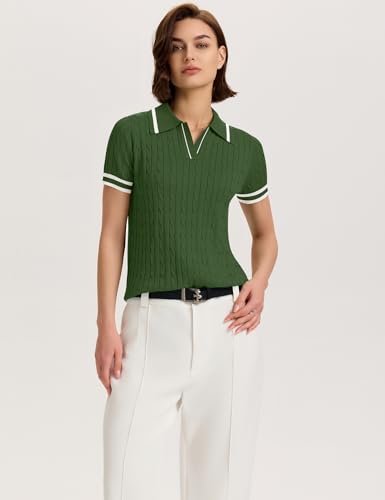 Image of Micoson Womens Short Sleeve Sweater Tops Lapel V Neck Polo Shirts 2026 Summer Cable Knit Loose Blouse Business Casual Outfits